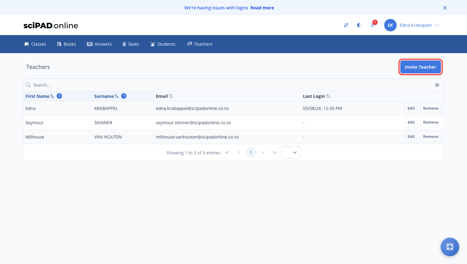 The Teachers tab showing the teacher list and the Invite Teacher button