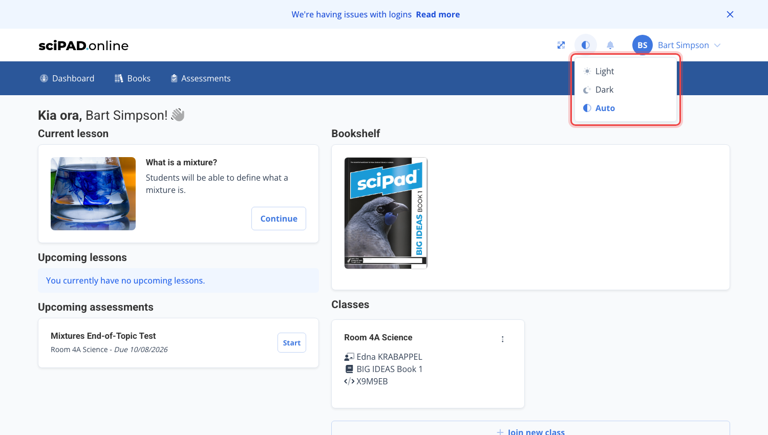 The Theme menu in the header with Light, Dark and Auto options