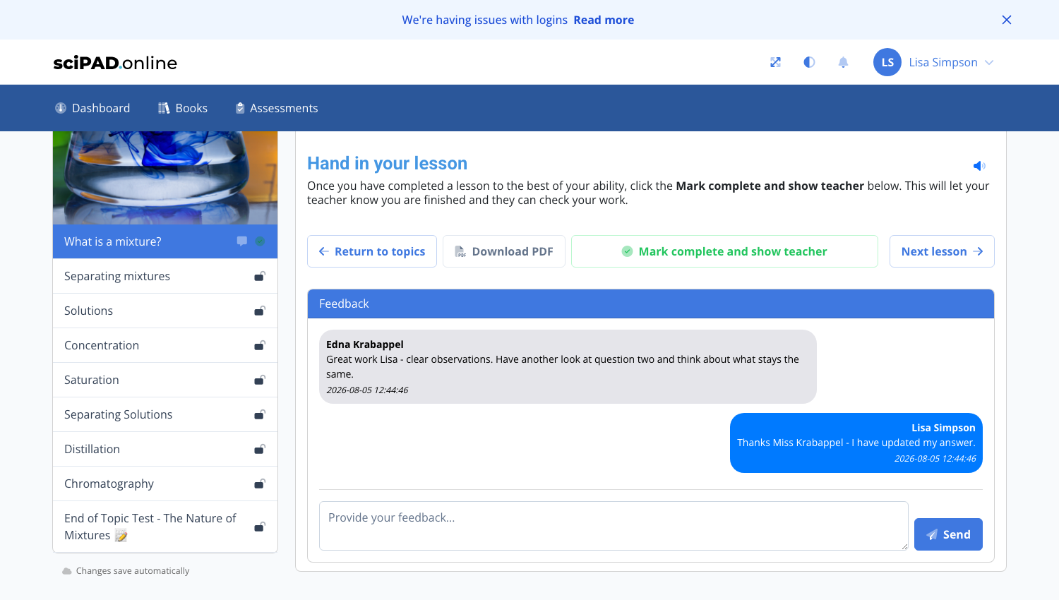 Student view of the feedback thread with the reply box