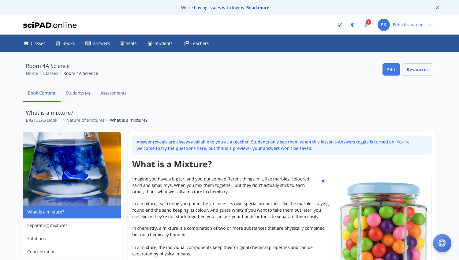 The teacher lesson preview with the topic menu on the left