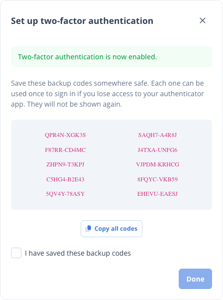The one-time backup codes shown after two-factor authentication is enabled