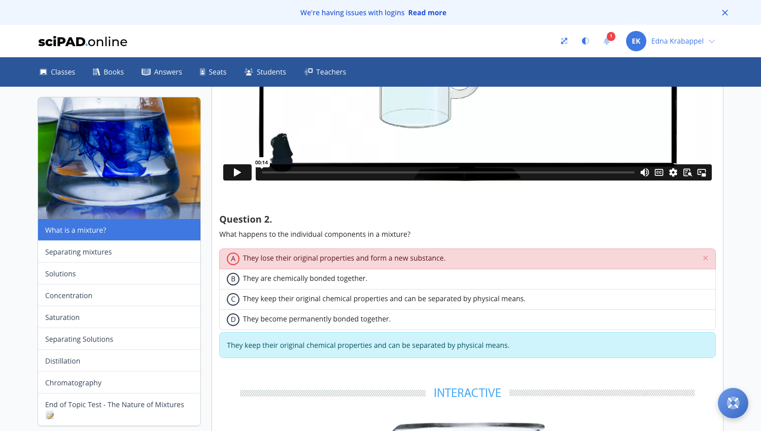 A multichoice question showing instant right or wrong feedback